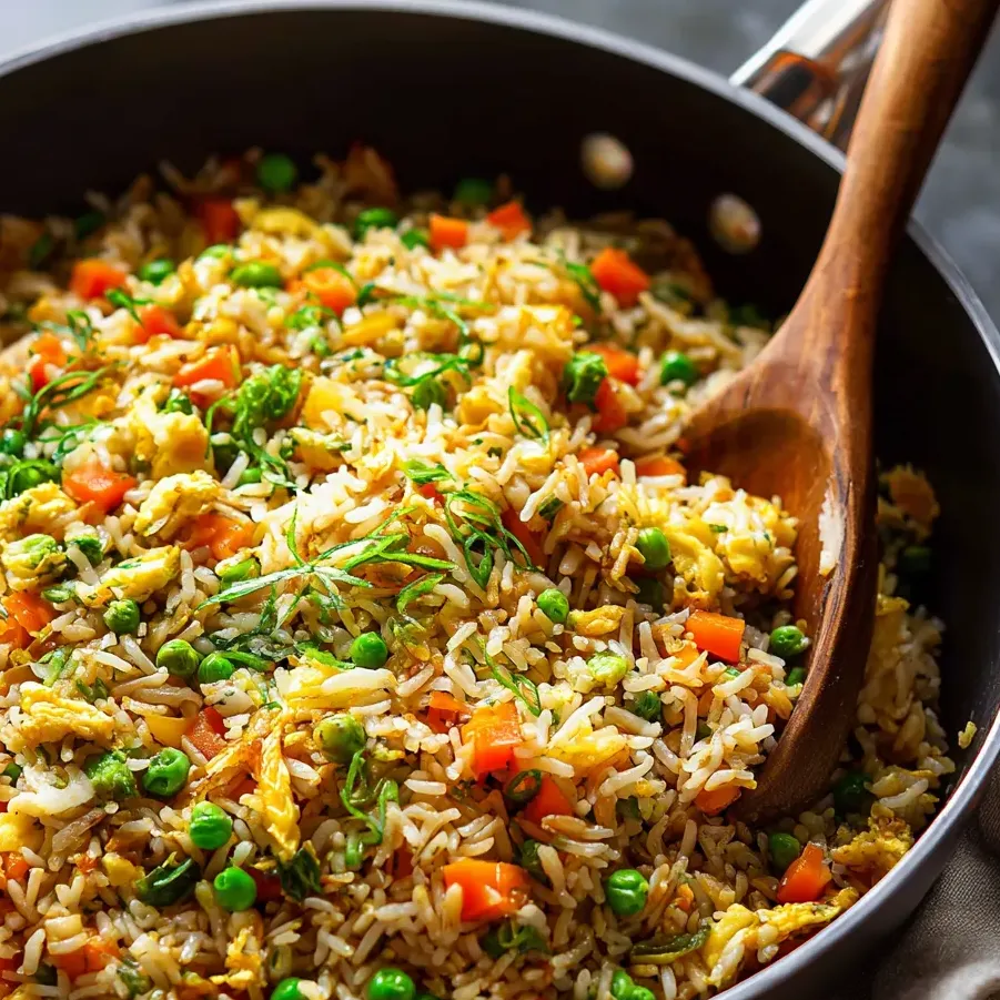 Eine Pfanne Reis mit Erbsen und Karotten.