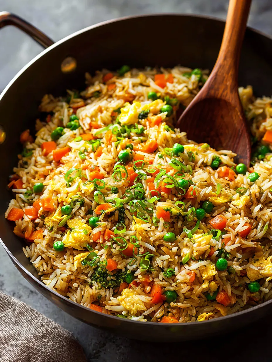 Pfanne mit gebratenem Reis, Erbsen und Karotten.