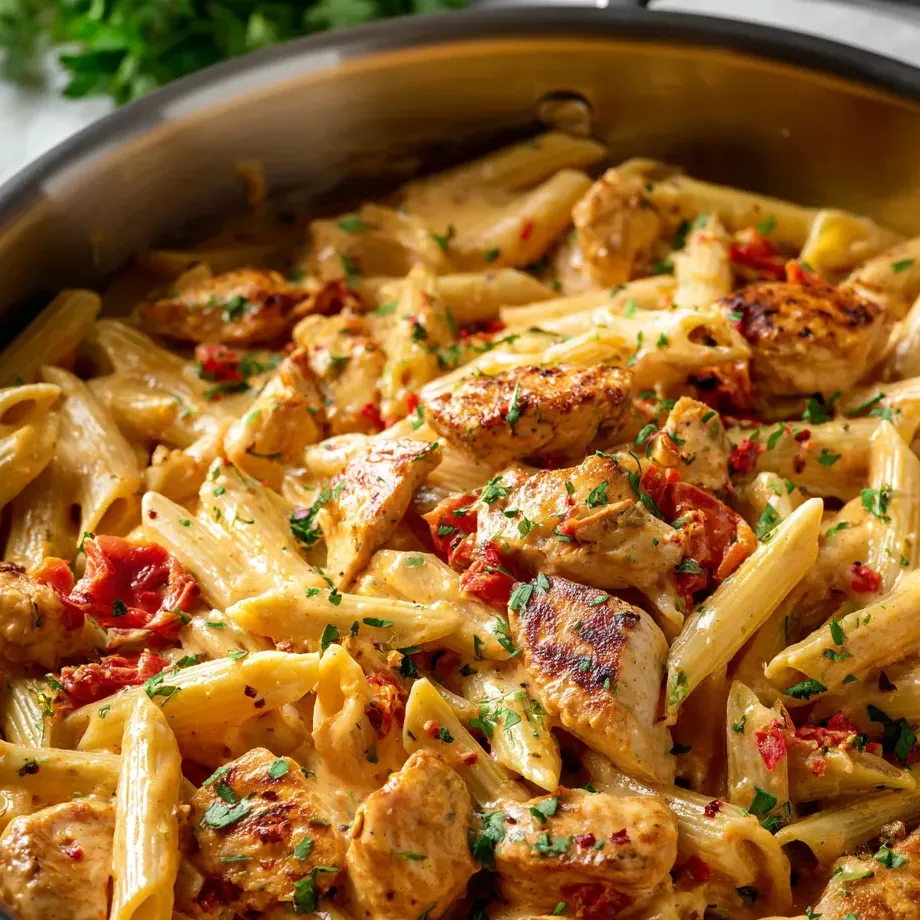 Eine Schüssel Pasta mit Hähnchen und roten Paprika.