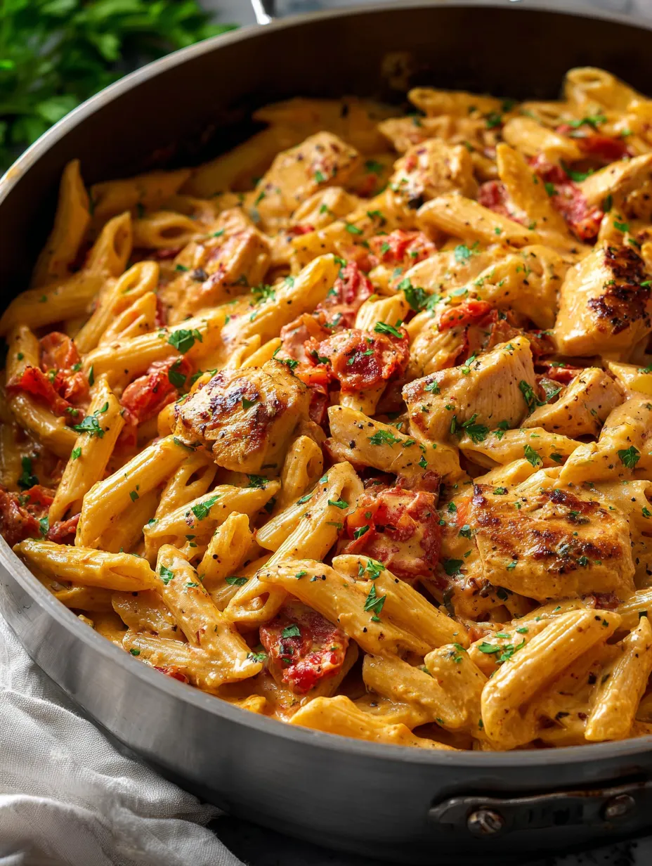 Eine Pfanne Pasta mit Hähnchen und Tomaten.