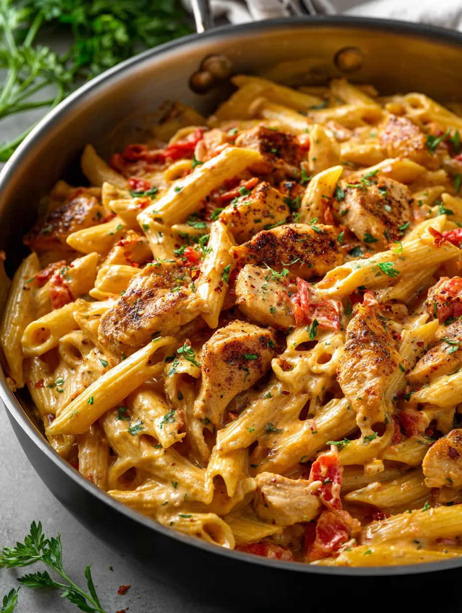 Eine Schüssel Pasta mit Hähnchen und Tomaten.