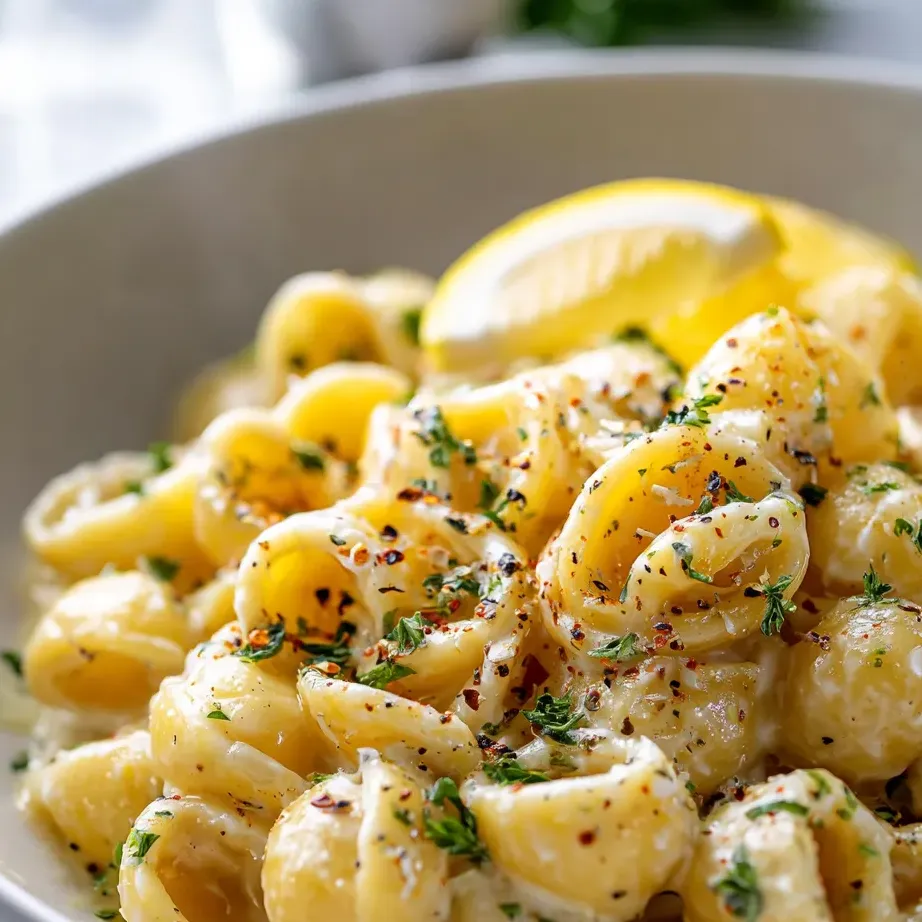 Eine Schüssel Pasta mit Zitronenschnitz obenauf.