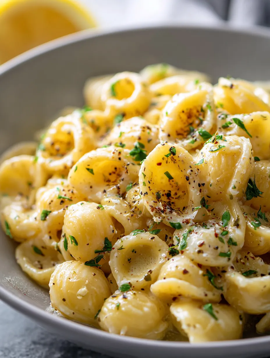Eine Schüssel Pasta mit Kräutern und Käse.