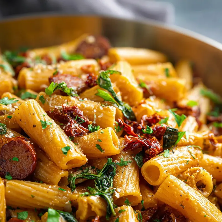 Eine Schale mit Pasta, Wurst und Gemüse.