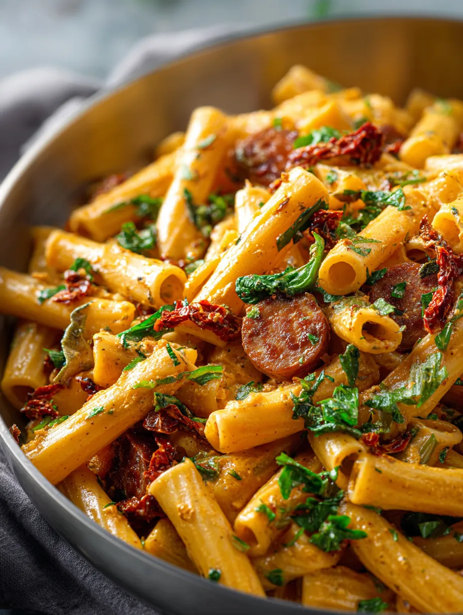 Eine Schüssel Pasta mit Wurst und Gemüse.