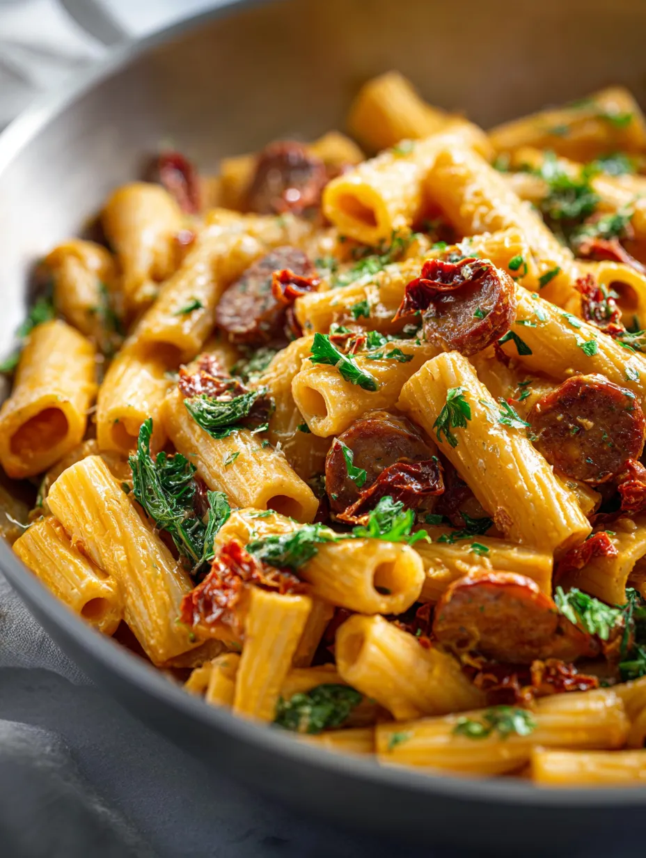 Eine Schüssel Pasta mit Wurst und frischen Kräutern.
