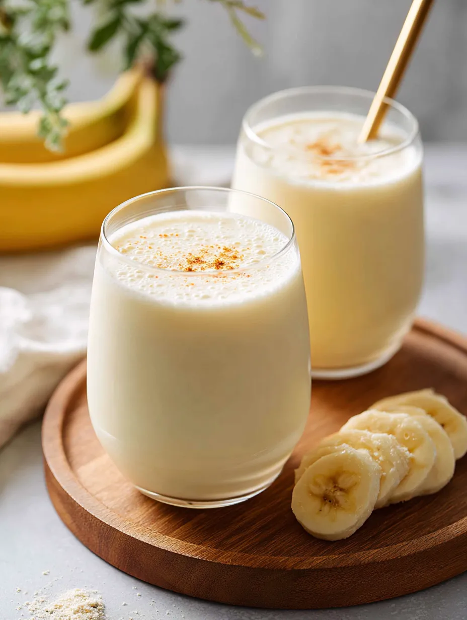 Zwei Gläser Milch mit Bananen auf einem Tisch.