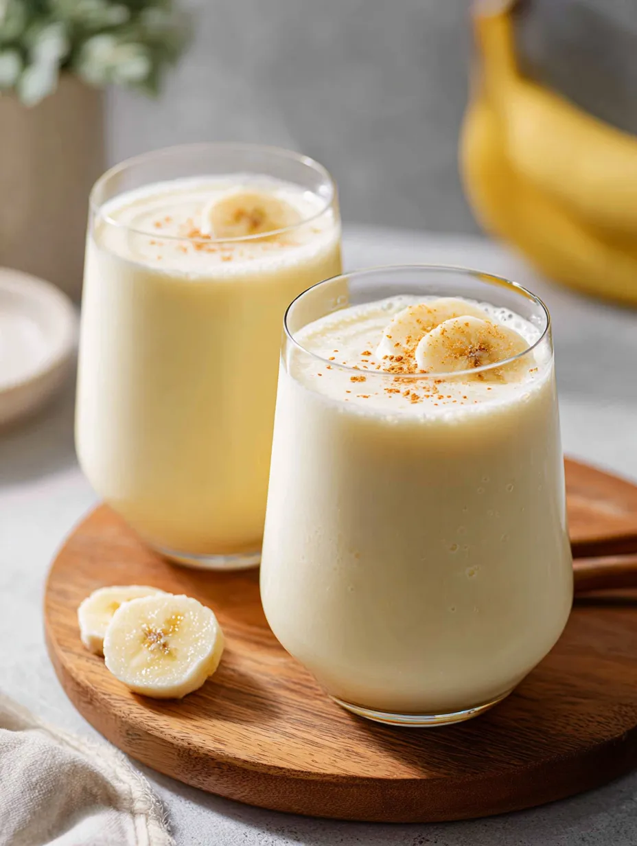 Zwei Gläser Bananenmilch auf einem Holztisch.