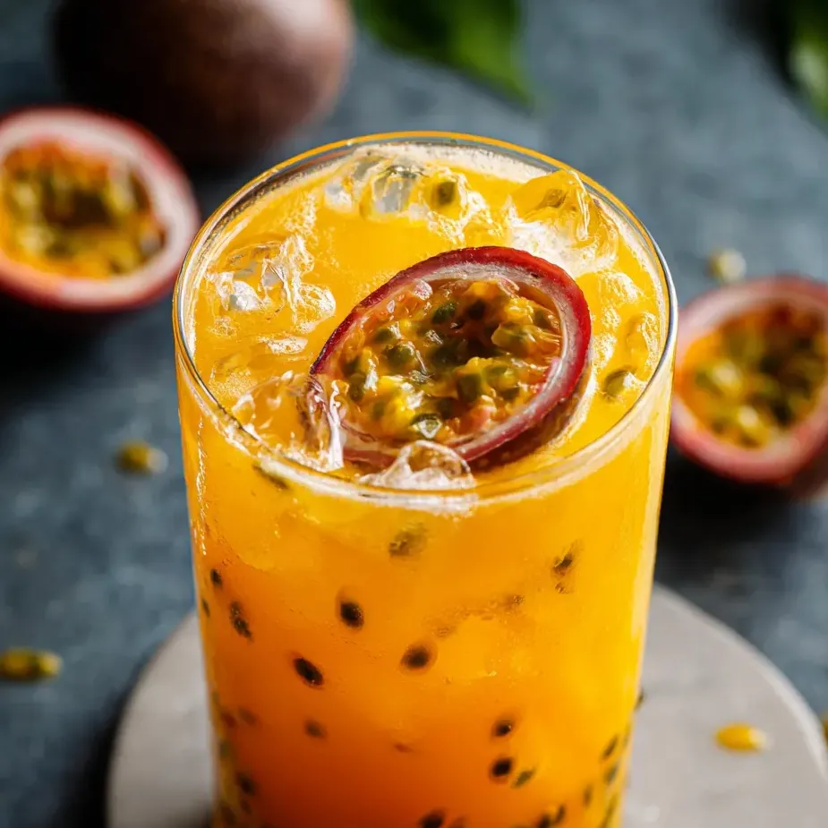 Ein Glas Orangensaft mit einer Fruchtscheibe darin.