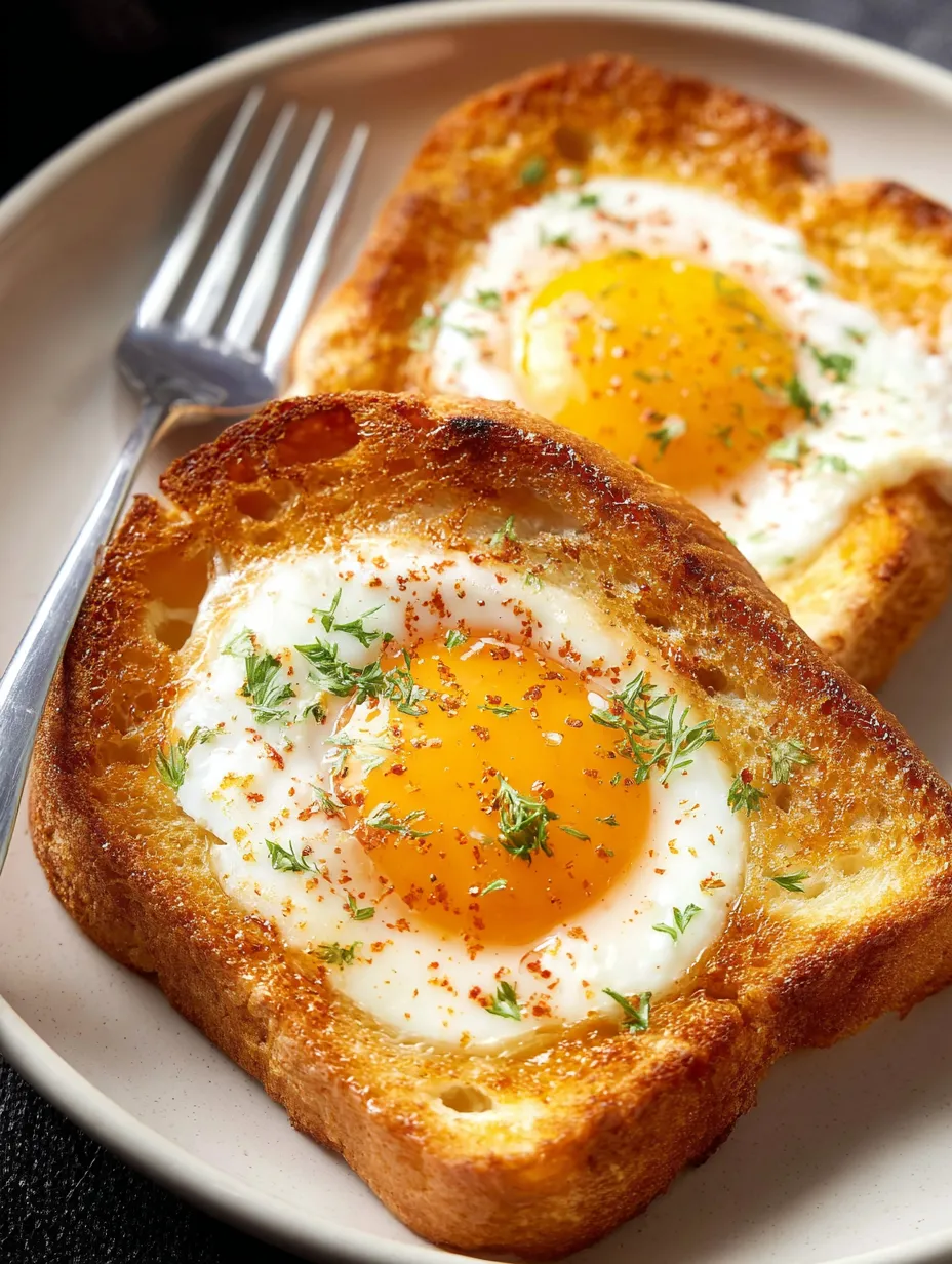 Zwei Toastbrote mit Ei drauf.