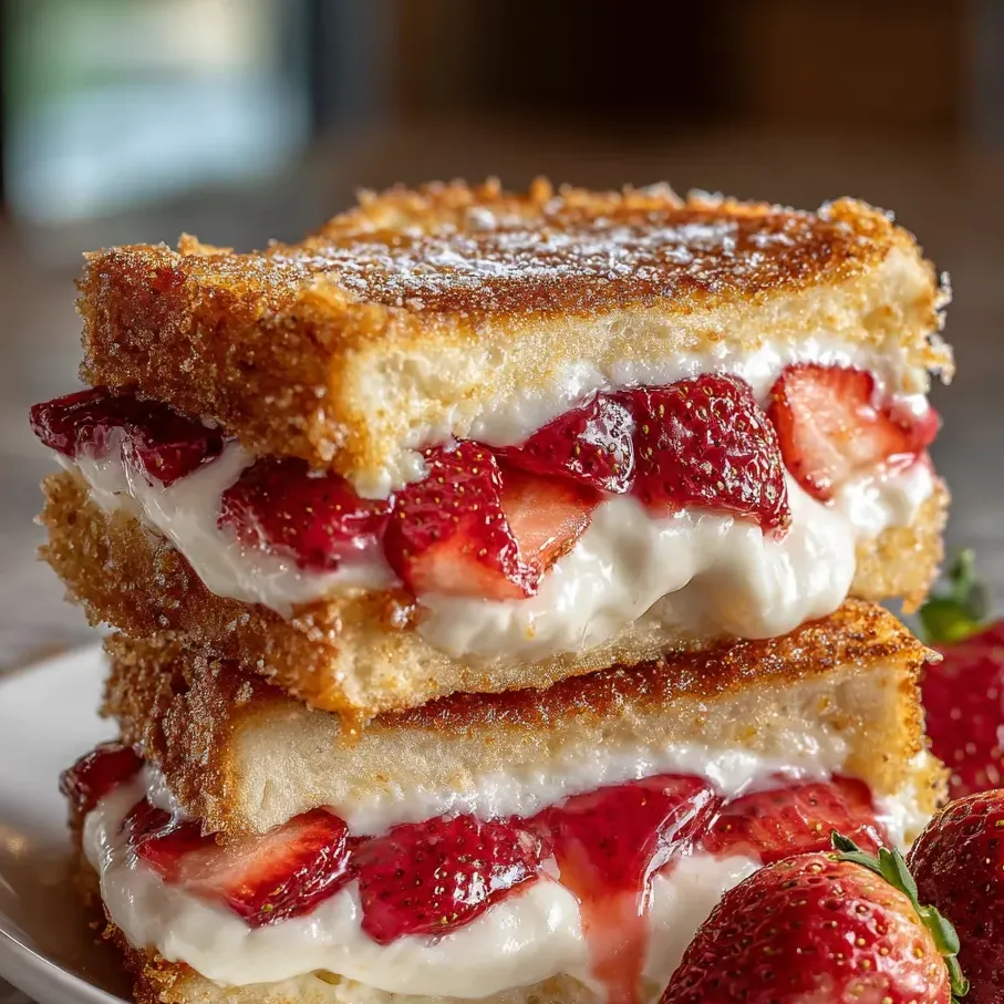 Ein Stapel Sandwiches, oben drauf liegen Erdbeeren.