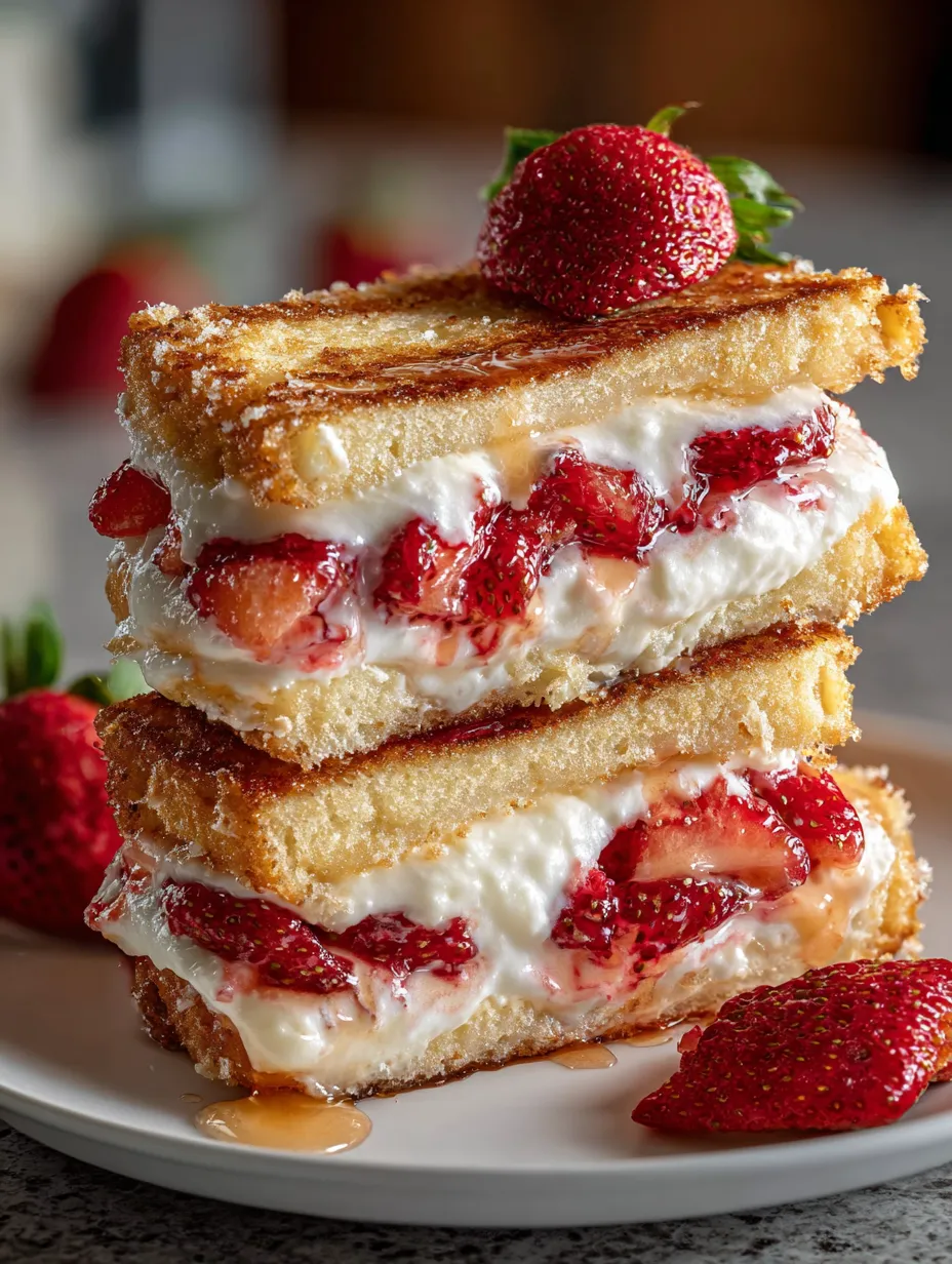 Ein Stapel mit Erdbeer-Kuchensandwiches.