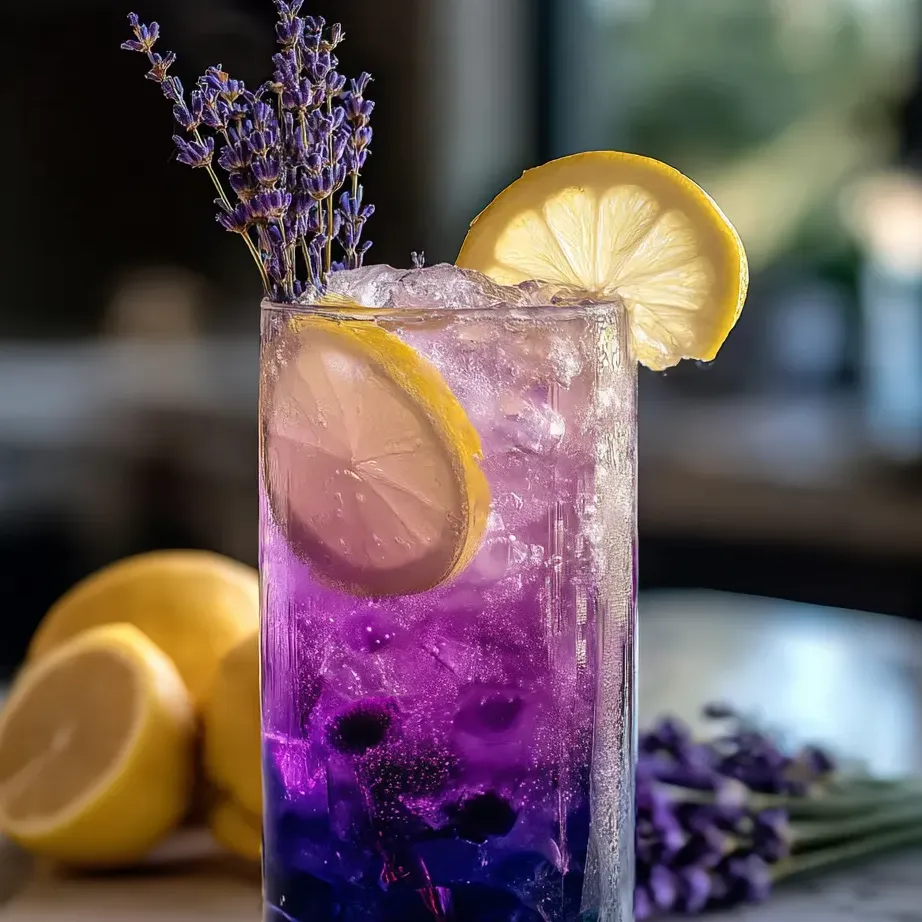 Ein Glas lila Limonade mit Zitronenscheiben und Lavendel.