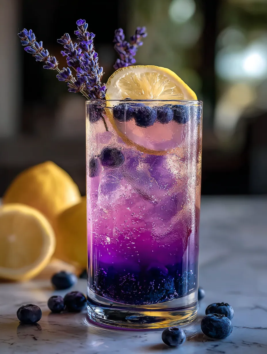 Ein Glas lila Getränk mit Blaubeeren und Zitronenscheiben.