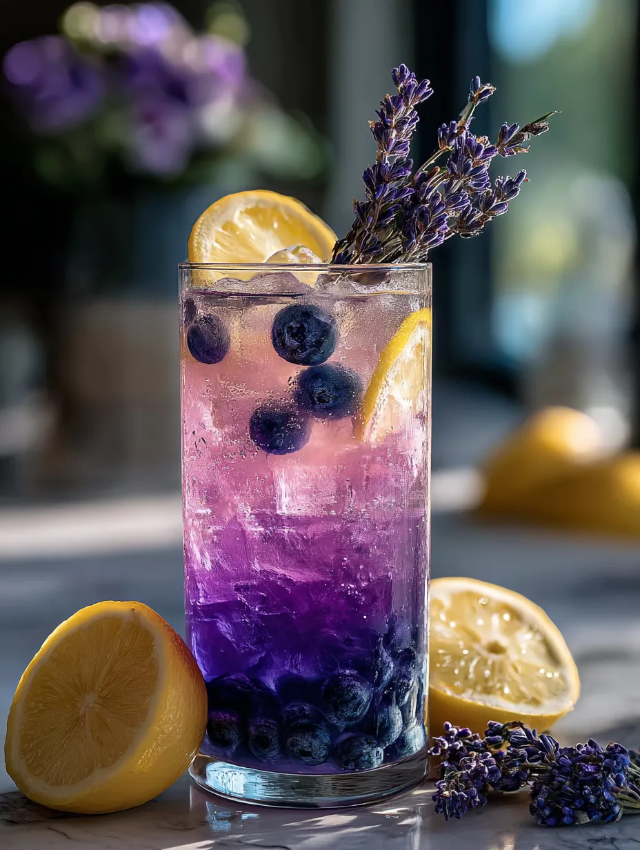 Ein Glas Blaubeer-Limonade mit einer Zitrone und einer Blaubeere obendrauf.