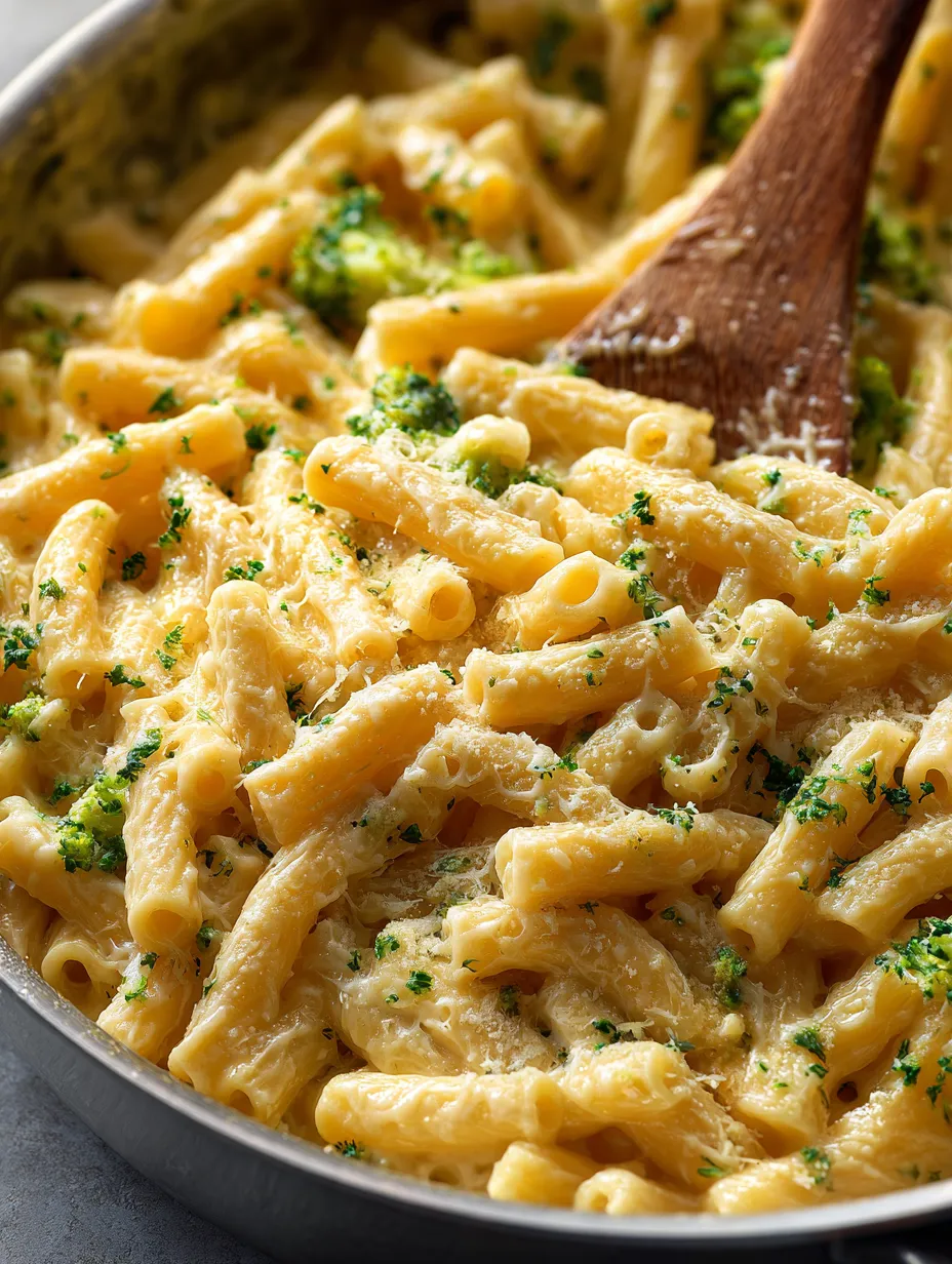 Eine Schüssel Nudeln mit Brokkoli und Käse.