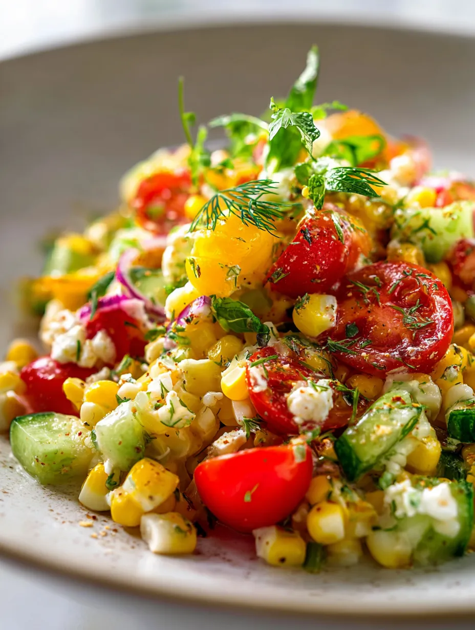 Ein Teller mit Essen: Tomaten, Mais und Gurken.