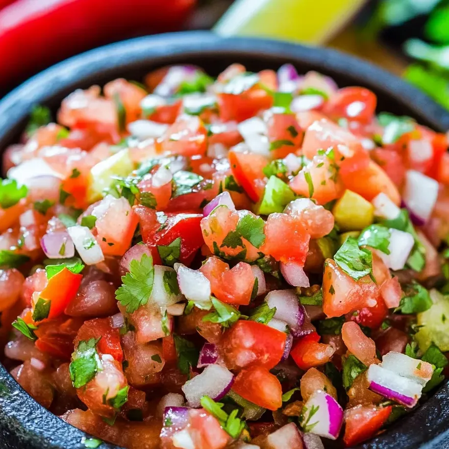 Eine Schüssel Salsa mit Tomaten, Zwiebeln und Peperoni.