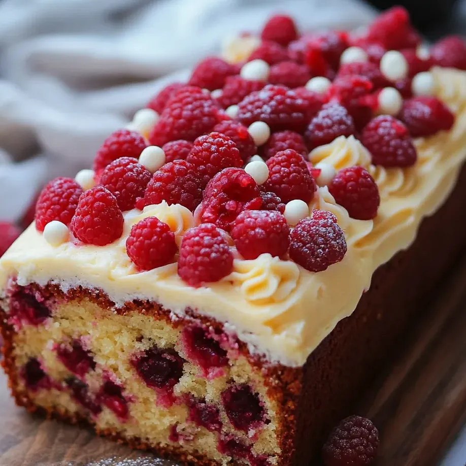 Ein Stück Kuchen mit Himbeeren obendrauf.