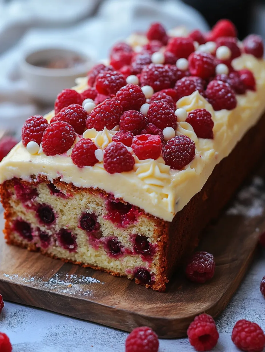 Ein Stück Kuchen mit Himbeeren obendrauf.
