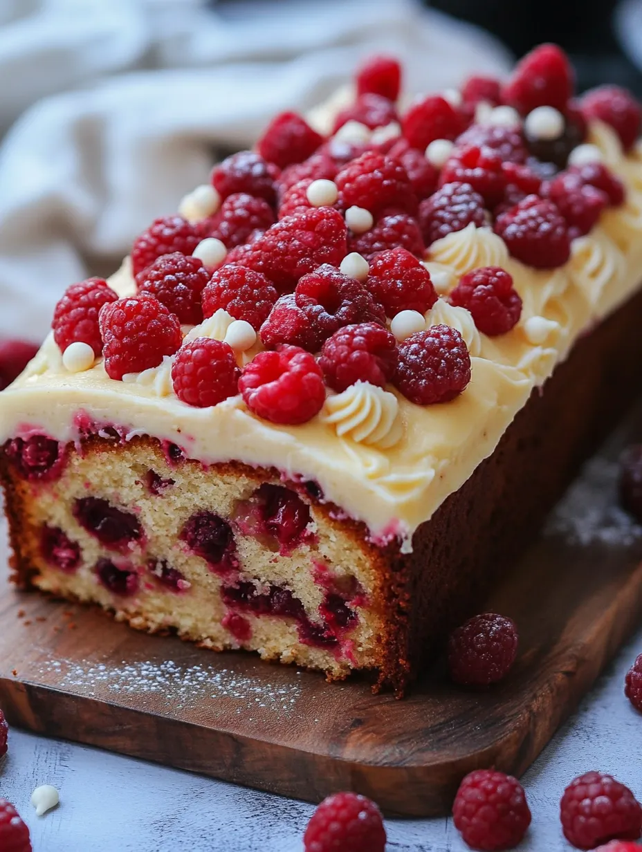 Ein Stück Kuchen mit Himbeeren obendrauf.