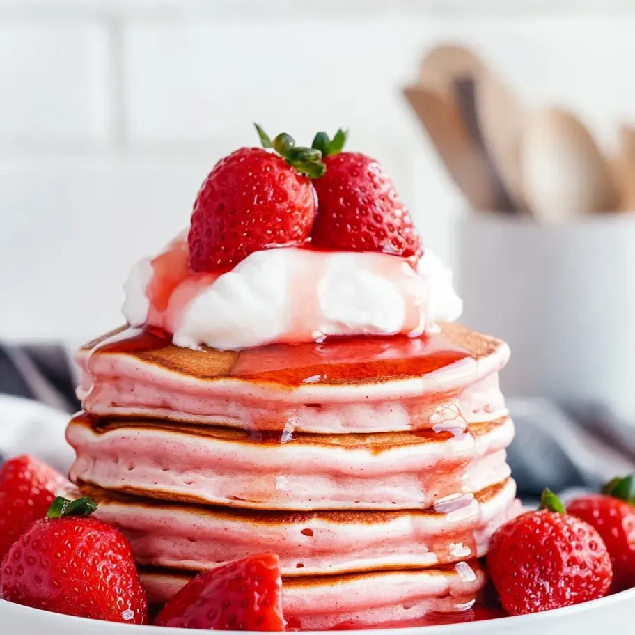 Ein Stapel Pfannkuchen mit frischen Erdbeeren obendrauf.
