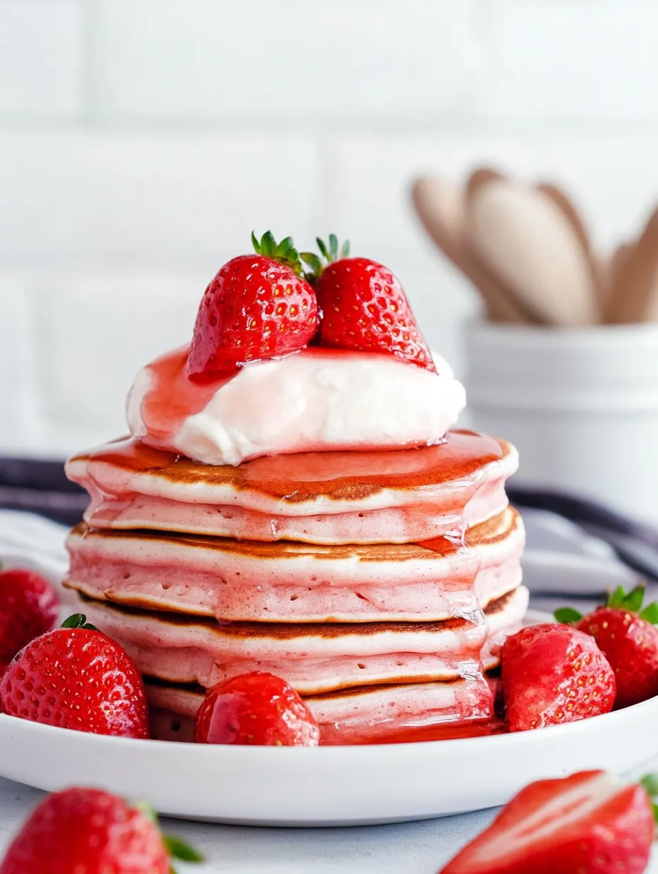 Ein Turm lockerer Pfannkuchen mit frischen Erdbeeren als Topping.