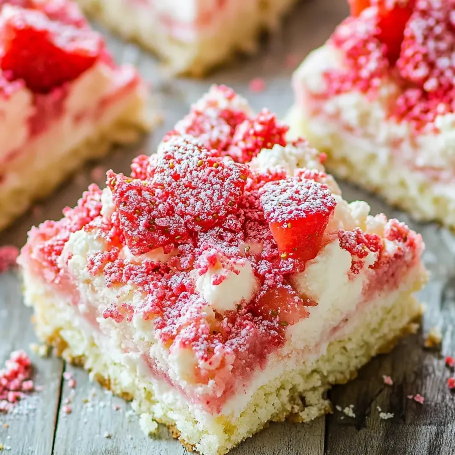 Ein Stück Kuchen mit weißem Frosting und frischen Erdbeeren.