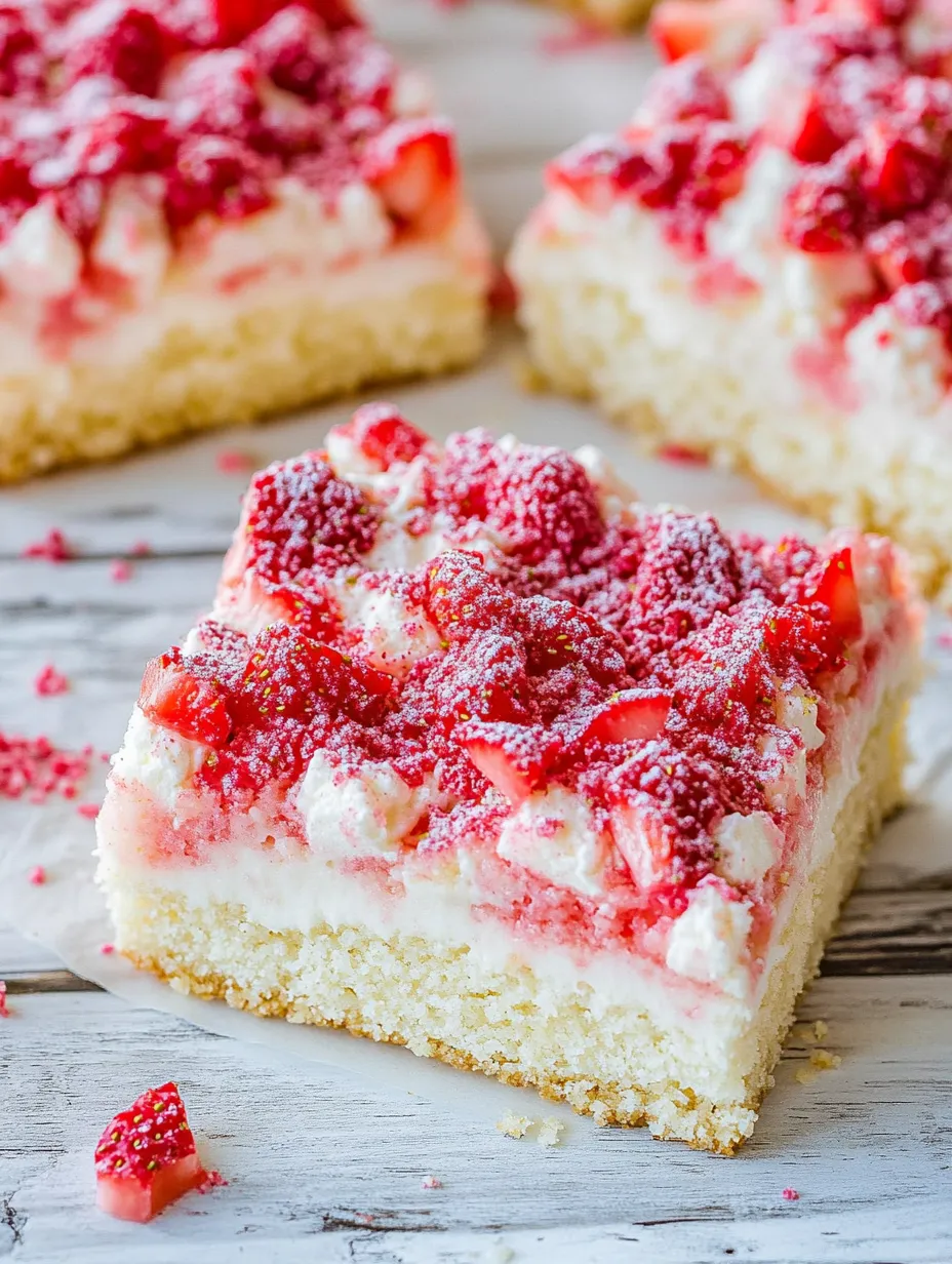 Ein Stück Kuchen mit Erdbeeren oben drauf.