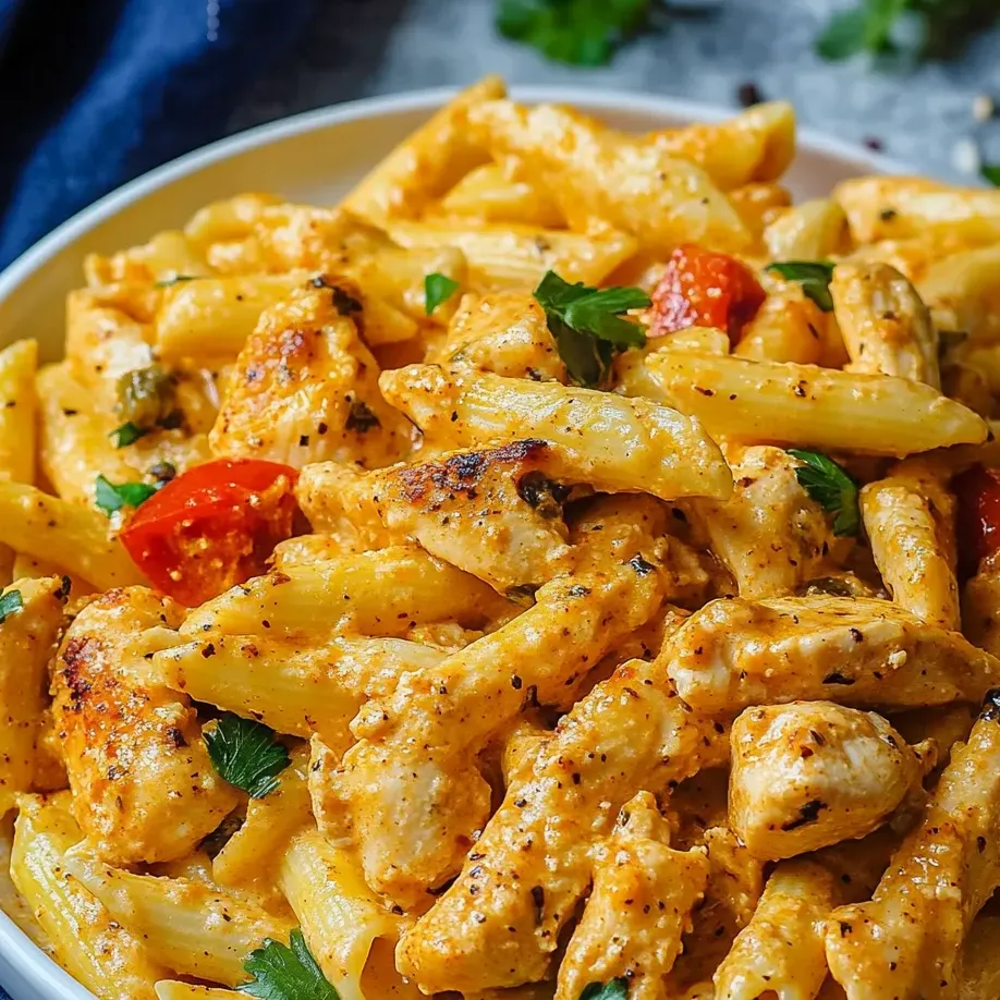 Eine Schüssel Pasta mit Hühnchen und Tomaten.