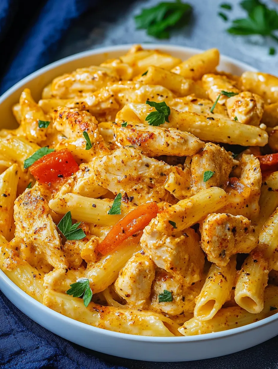 Eine Schüssel Pasta mit Hähnchen und Tomaten.
