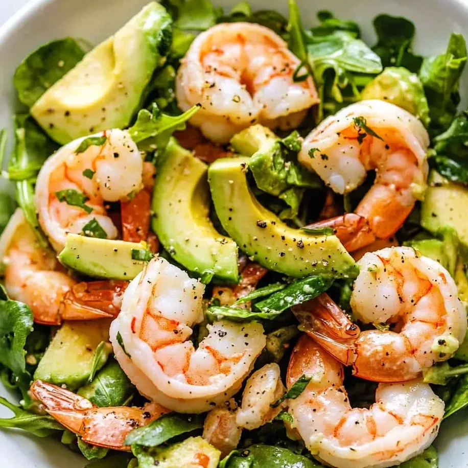Eine Schale mit Garnelensalat, Avocado und Salatblättern.