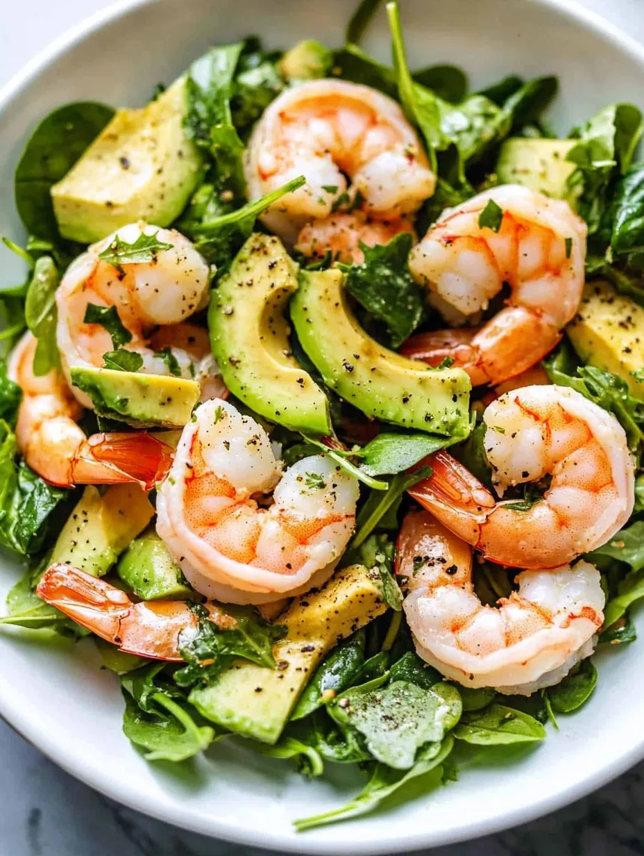 Eine Schale mit Garnelen-Salat, Avocado und Blattsalat.