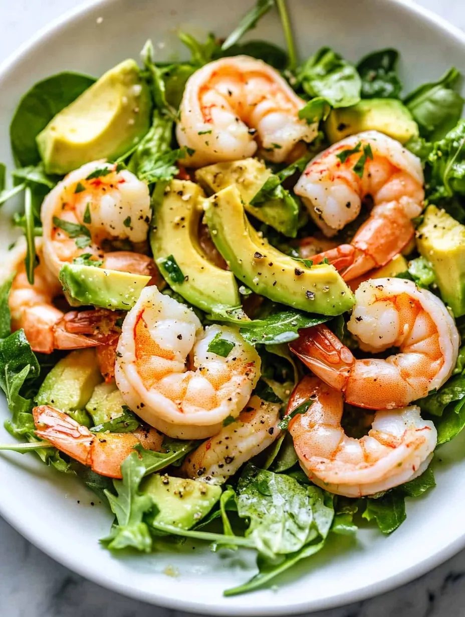 Ein Teller Garnelen-Salat mit Avocado.