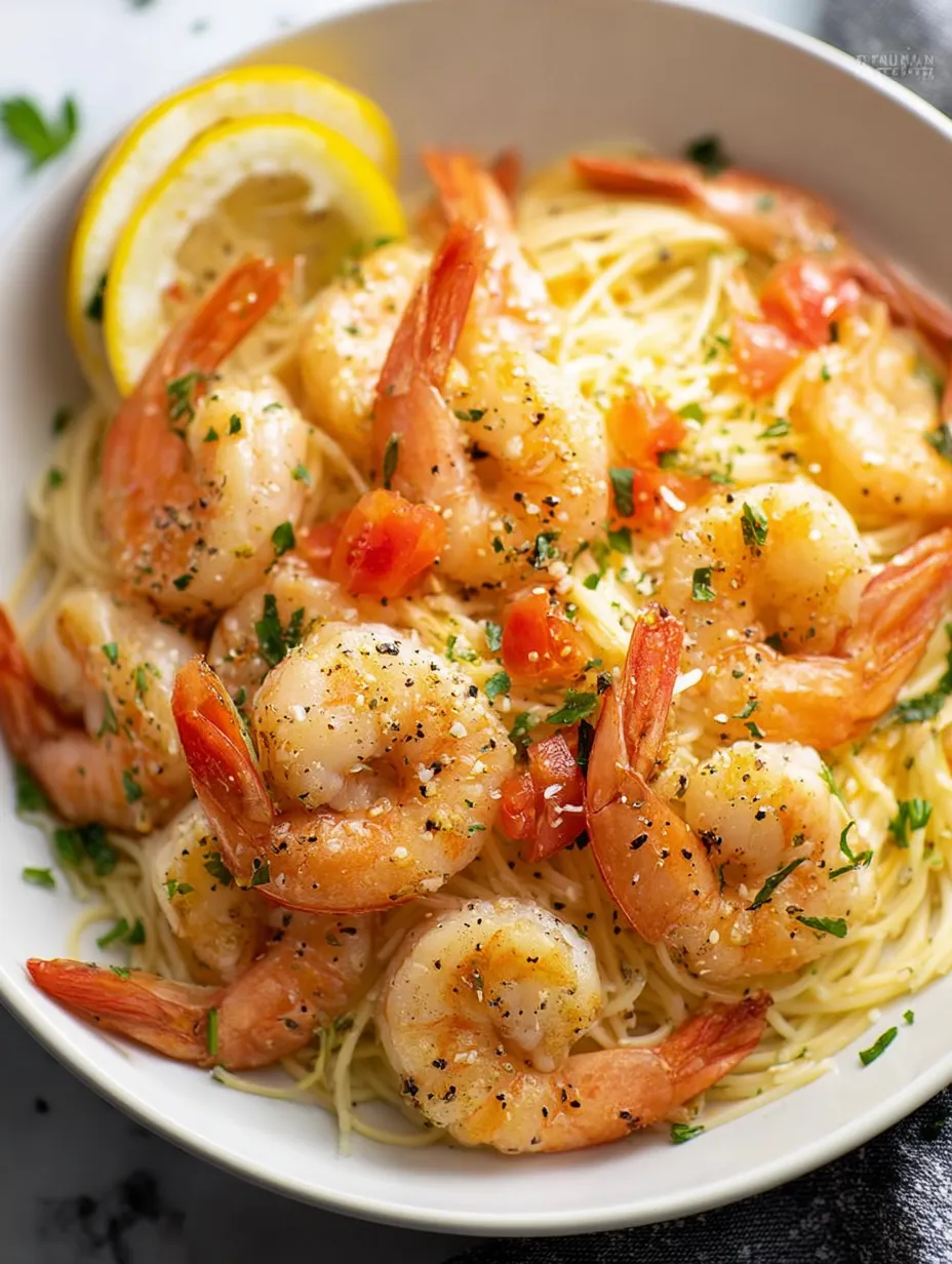 Eine Schale mit Garnelen und Pasta.