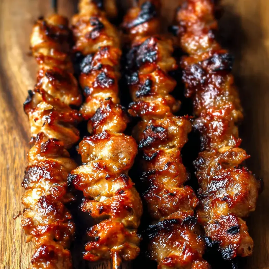 Holzbrett mit heißen Grillspießen drauf.