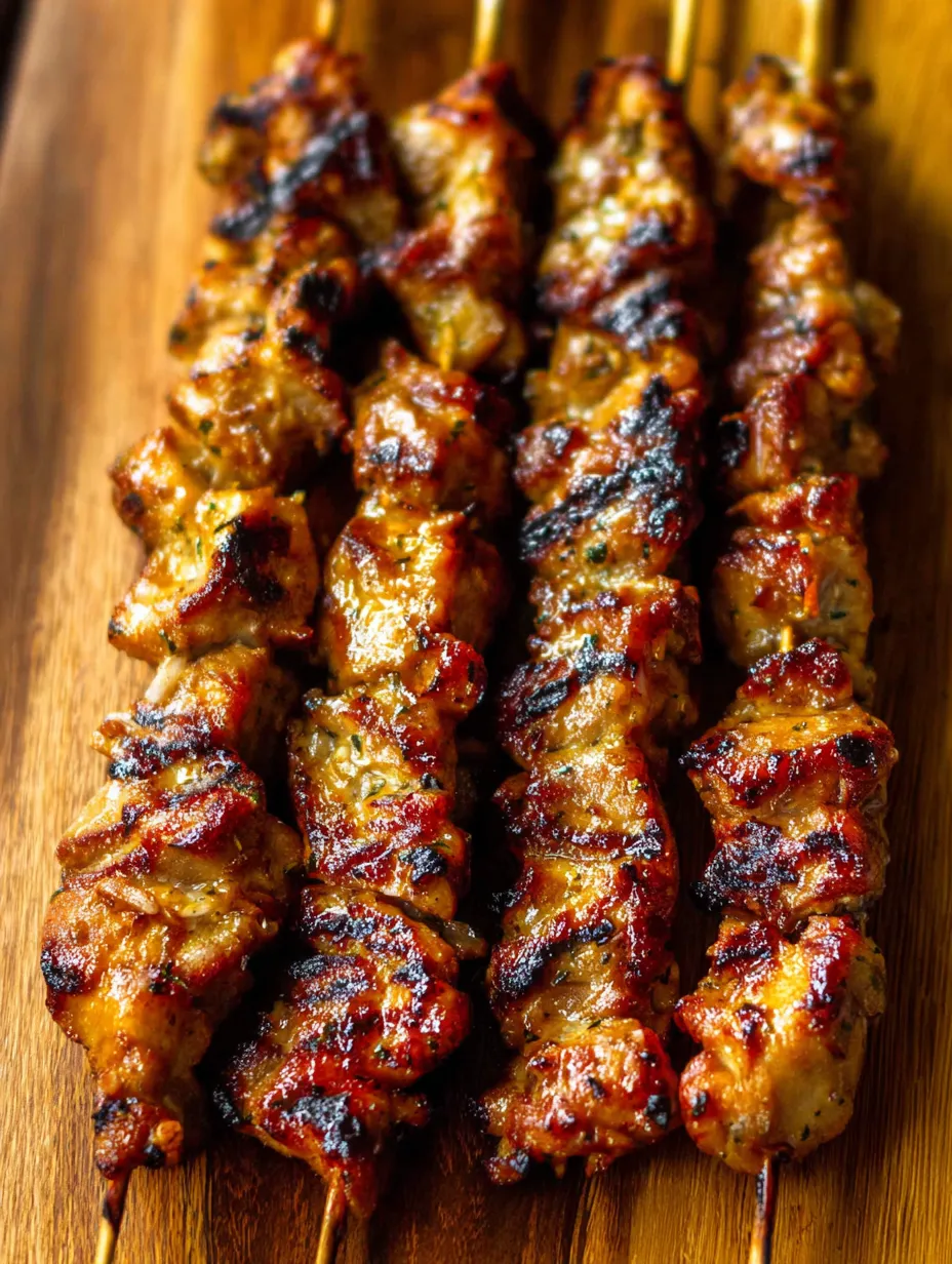 Ein Holzbrett mit gegrilltem Fleisch in einer Reihe.