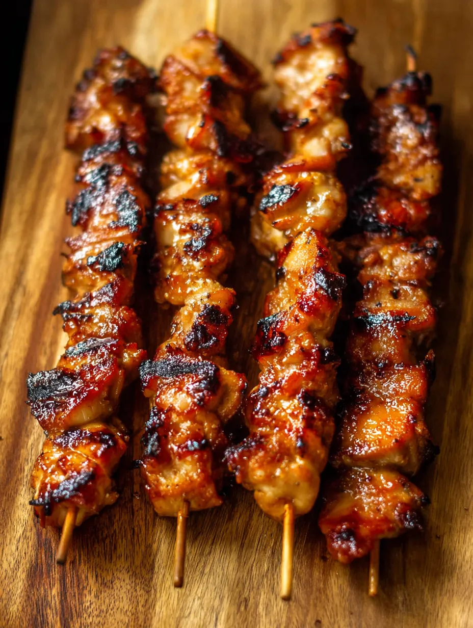 Ein Holzbrett mit gegrilltem Fleisch am Spieß.