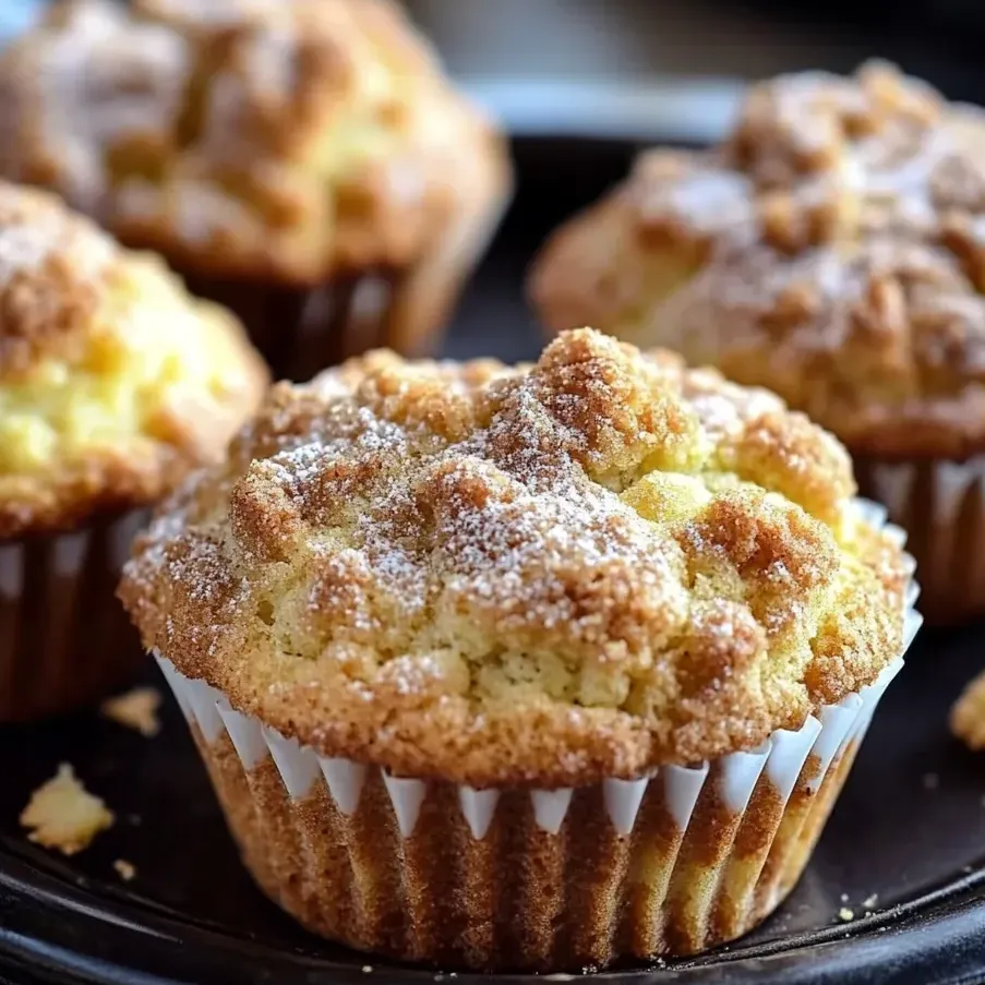 Ein Muffin mit Puderzucker bestäubt.