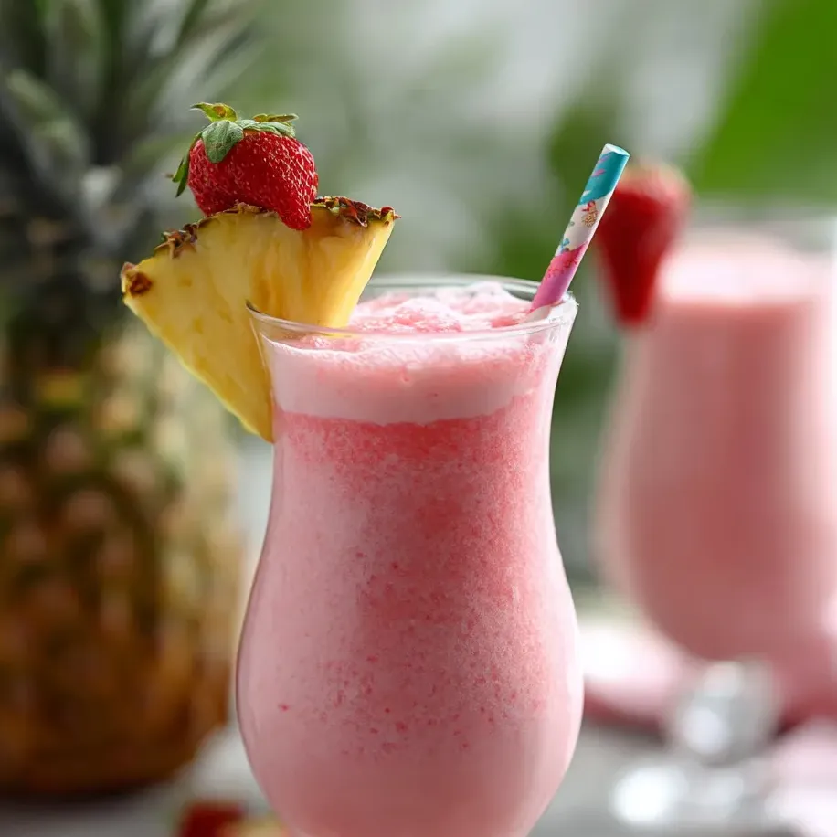 Ein Glas mit rosa Drink und einer Ananasecke obendrauf.
