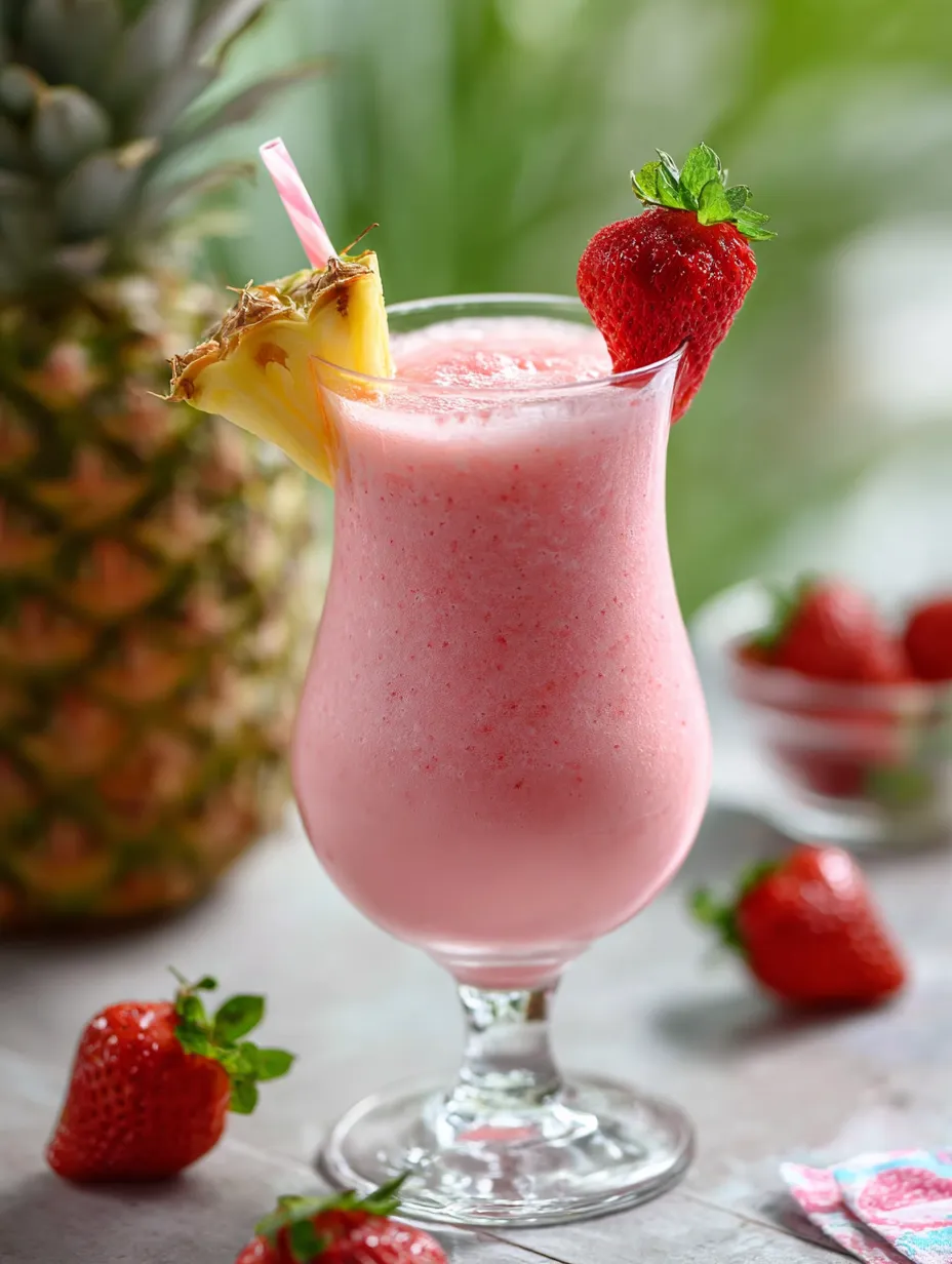 Ein Glas mit rosa Drink und Ananasstück on top.