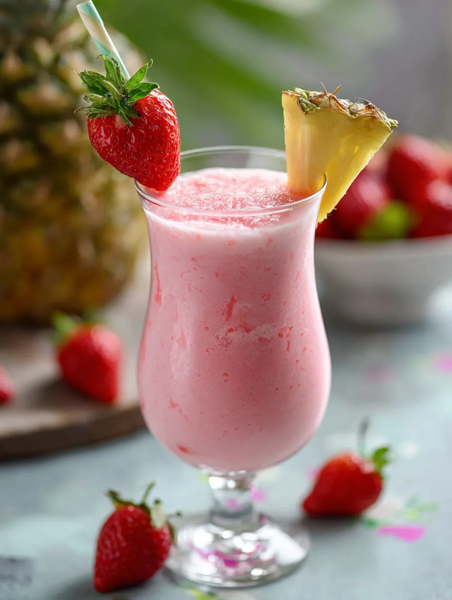 Ein Glas mit rosa Getränk und Erdbeeren.