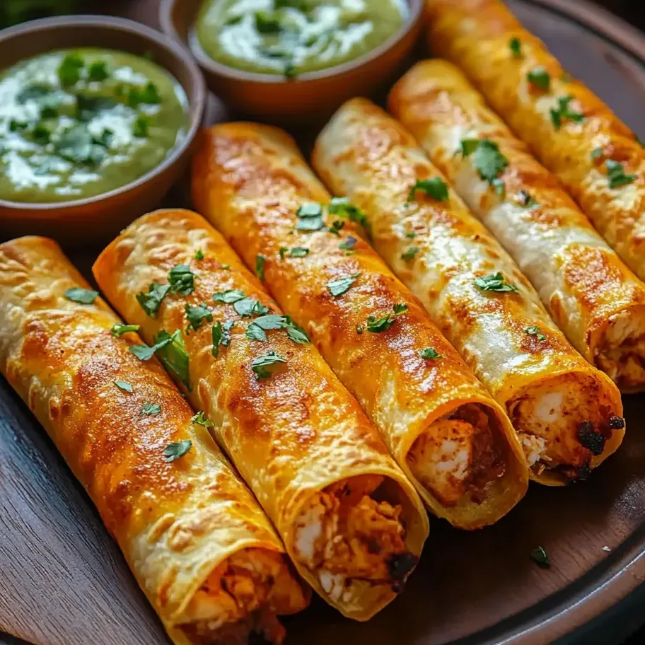Ein Teller mit Taquitos und einer Schale Salsa.