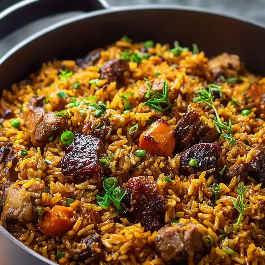 Eine Schale Reis mit Fleisch und Gemüse.