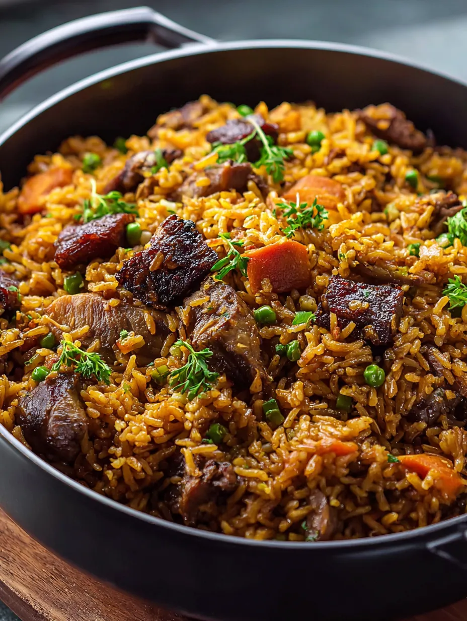 Eine Schale Reis mit Fleisch und Gemüse.