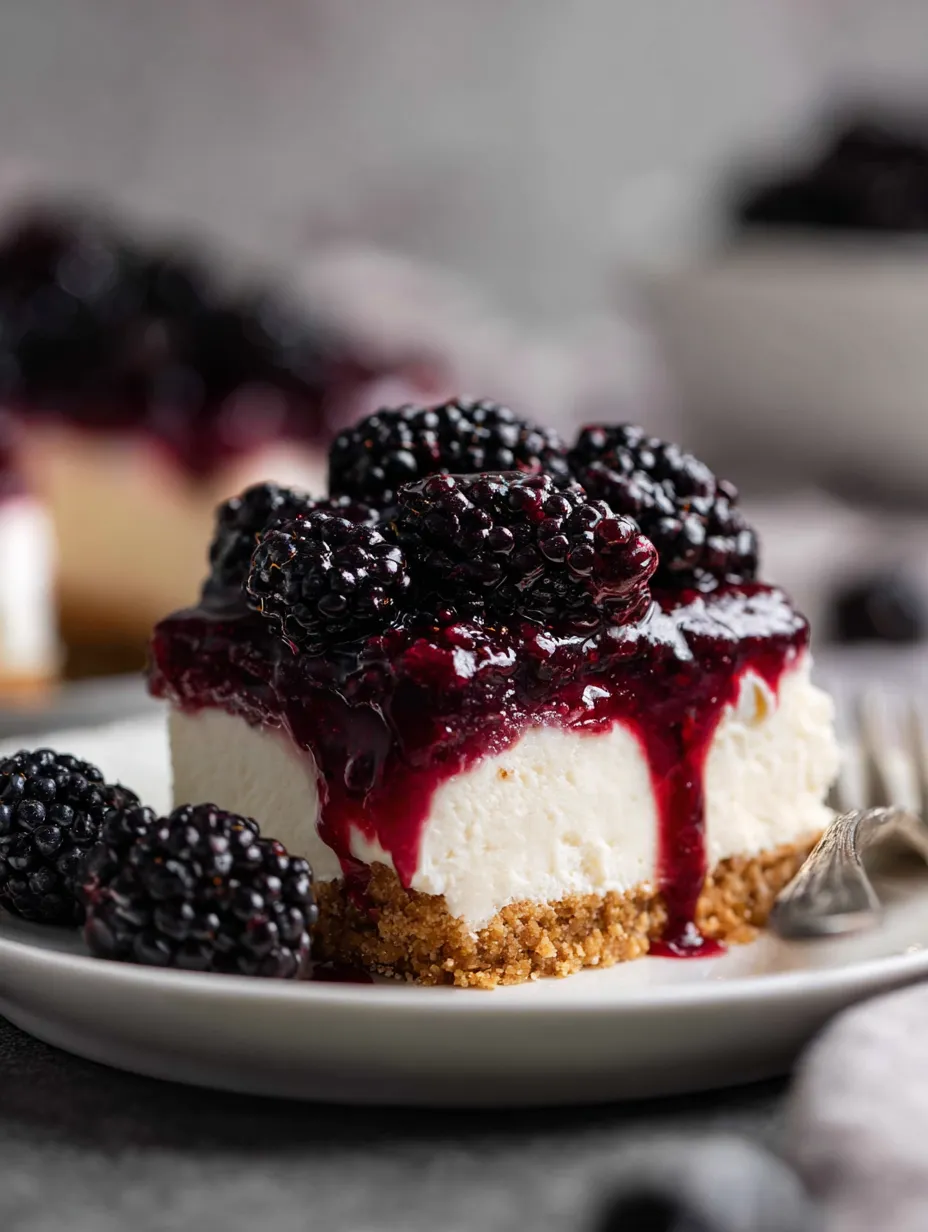 Ein Stück Käsekuchen mit Brombeeren als Topping.