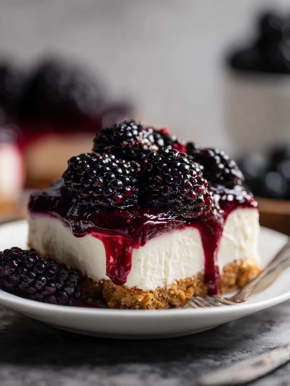 Ein Stück Kuchen mit Brombeeren darauf.