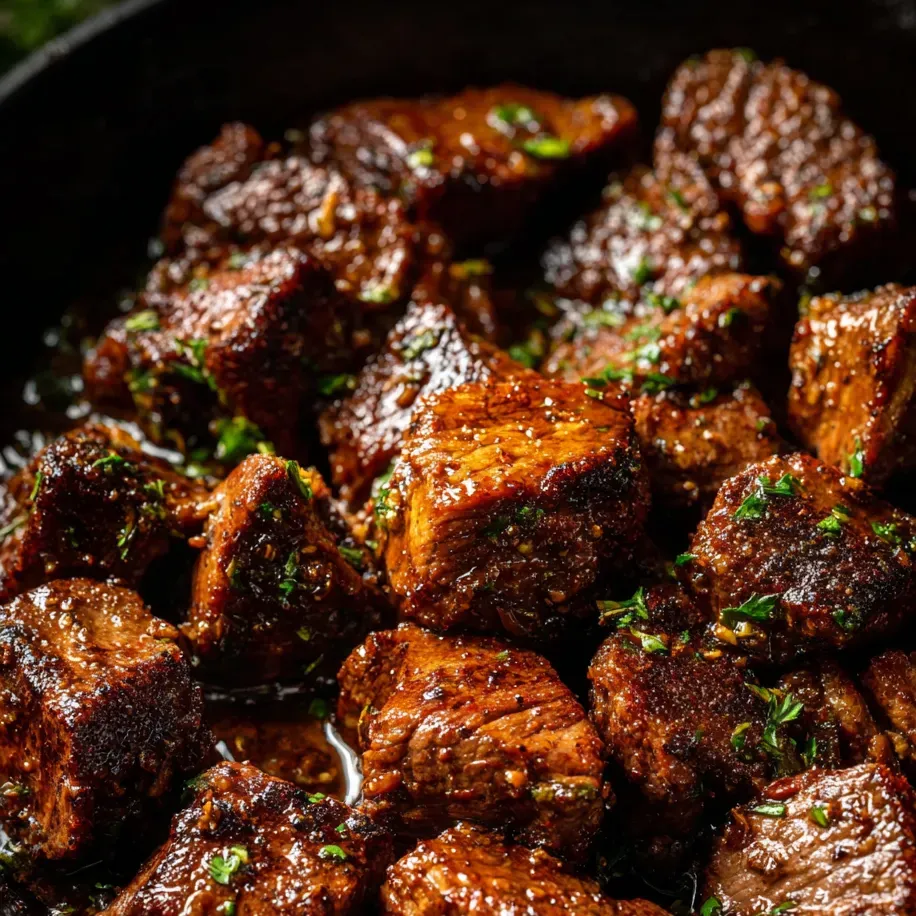 Nahaufnahme von angebratenem Fleisch in einer Pfanne.