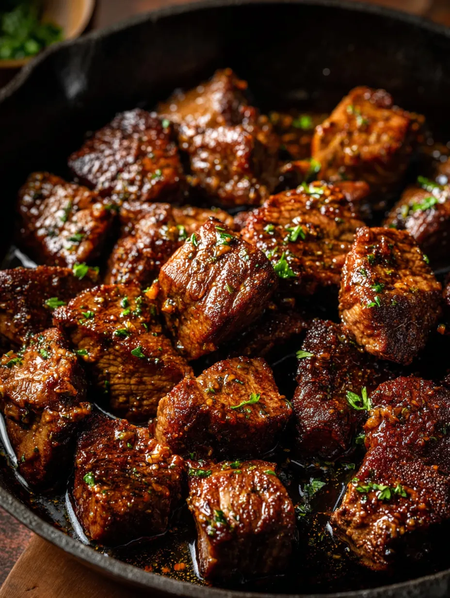 Eine Pfanne voll Fleisch mit grünen Kräutern obendrauf.