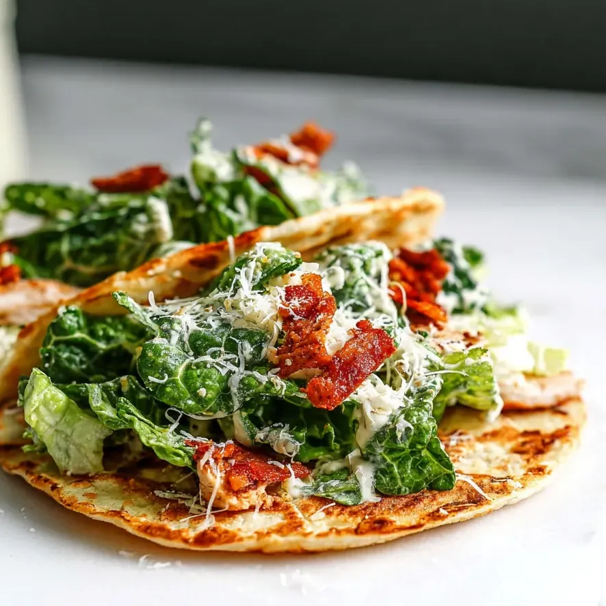 Salat, Bacon und Käse auf einer Tortilla.
